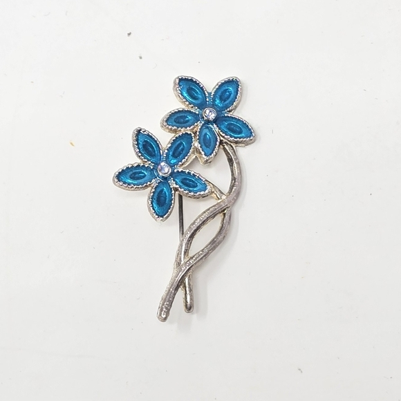 Vintage blue enamel two flower brooch pin silver tone accessories jewelry - Picture 2 of 6